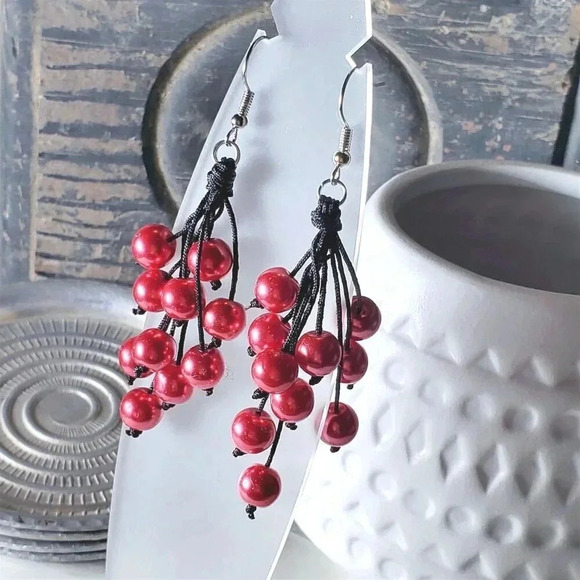 Black Silk and Glass Baubles Red Knotted Cord Dangly Earrings - Picture 3 of 4